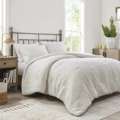 Ivory Orly 3-piece tufted woven comforter set by Start2Finish, showcasing plush bedding with textured tufted design.