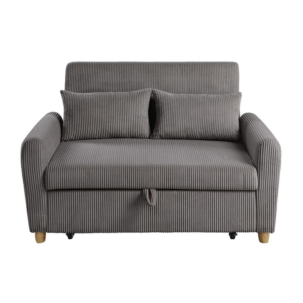 Start2Finish Justine brown corduroy convertible sleeper loveseat with plush cushions and fold-out bed in a modern living room setting.