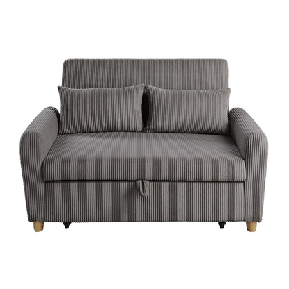 Start2Finish Justine brown corduroy convertible sleeper loveseat with plush cushions and fold-out bed in a modern living room setting.