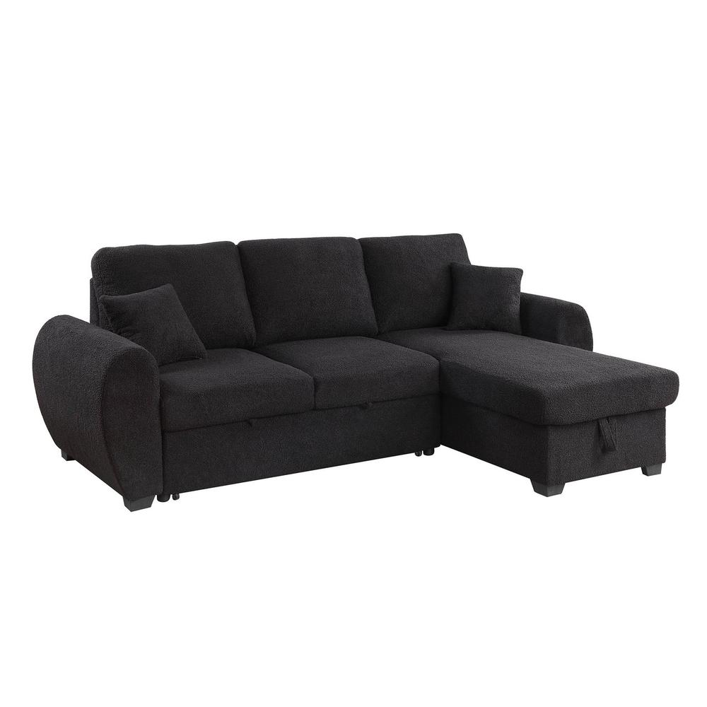 Black Teddy Fleece Reversible Sleeper Sectional Sofa with Storage Chaise by Start2Finish, showing plush fabric, spacious seating, and storage area.