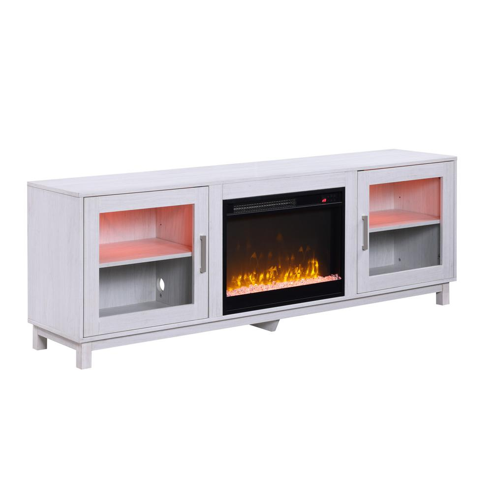 White walnut finish Summit 70-inch TV stand with built-in fireplace and storage compartments, by Start2Finish furniture.