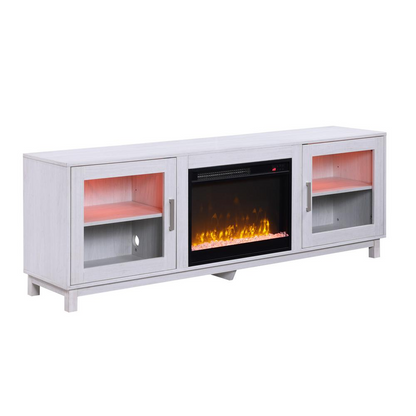White walnut finish Summit 70-inch TV stand with built-in fireplace and storage compartments, by Start2Finish furniture.