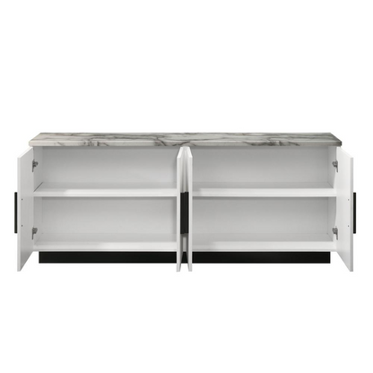 Matilda 63-inch white cabinet console table with white faux marble top, modern furniture piece by Start2Finish.