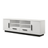 White finish Matilda TV stand with 70.5-inch width and drawers, manufactured by Start2Finish, showcasing a modern living room setup.