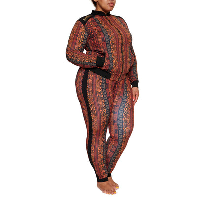 African tracksuit for women by Olive Buckeye, featuring vibrant patterns and comfortable fit, shown on a model.
