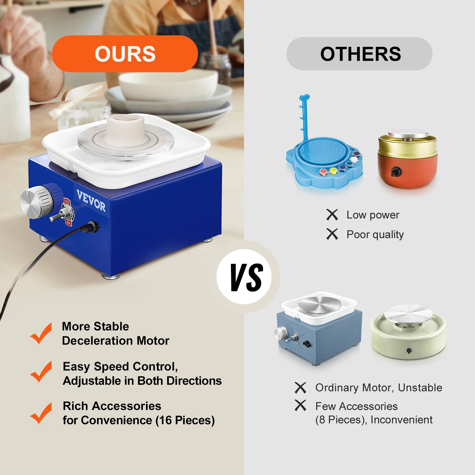 Blue VEVOR Mini Pottery Wheel for kids and beginners with adjustable speed, ceramic turntables, basin, and 17 pottery accessories.