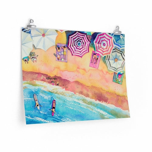 Colorful Day at the Beach premium matte horizontal poster by Yellow Pandora, featuring vibrant beach scene artwork for home decor.