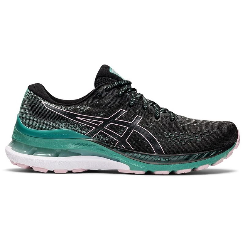 Asics Gel Kayano 28 W running shoes in gray and pink with cushioned soles and supportive design for women.