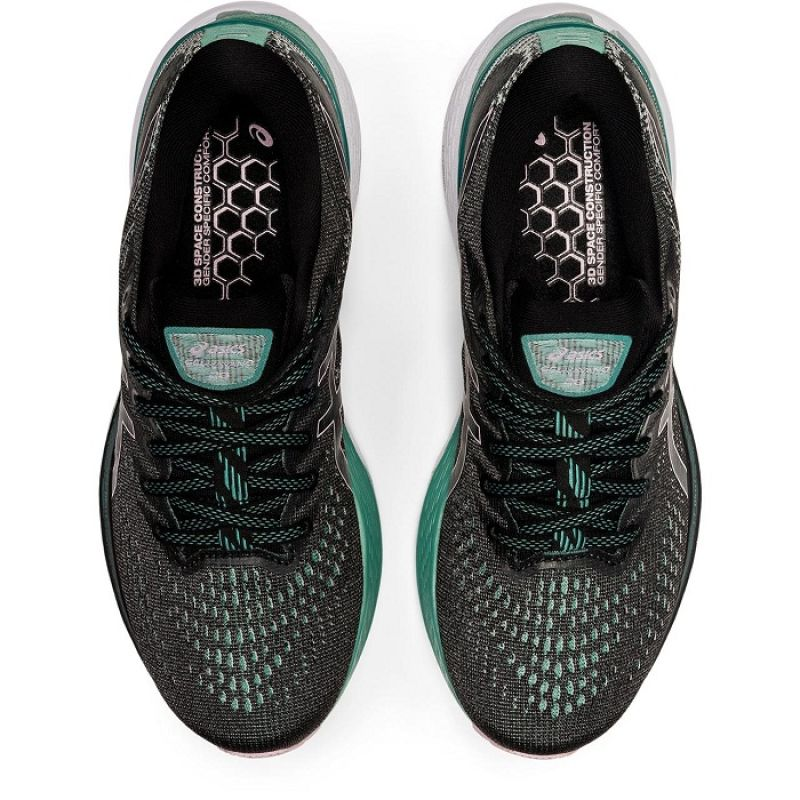 Start2Finish Asics Gel Kayano 28 W running shoes in gray with blue accents, featuring cushioned soles and breathable mesh uppers.