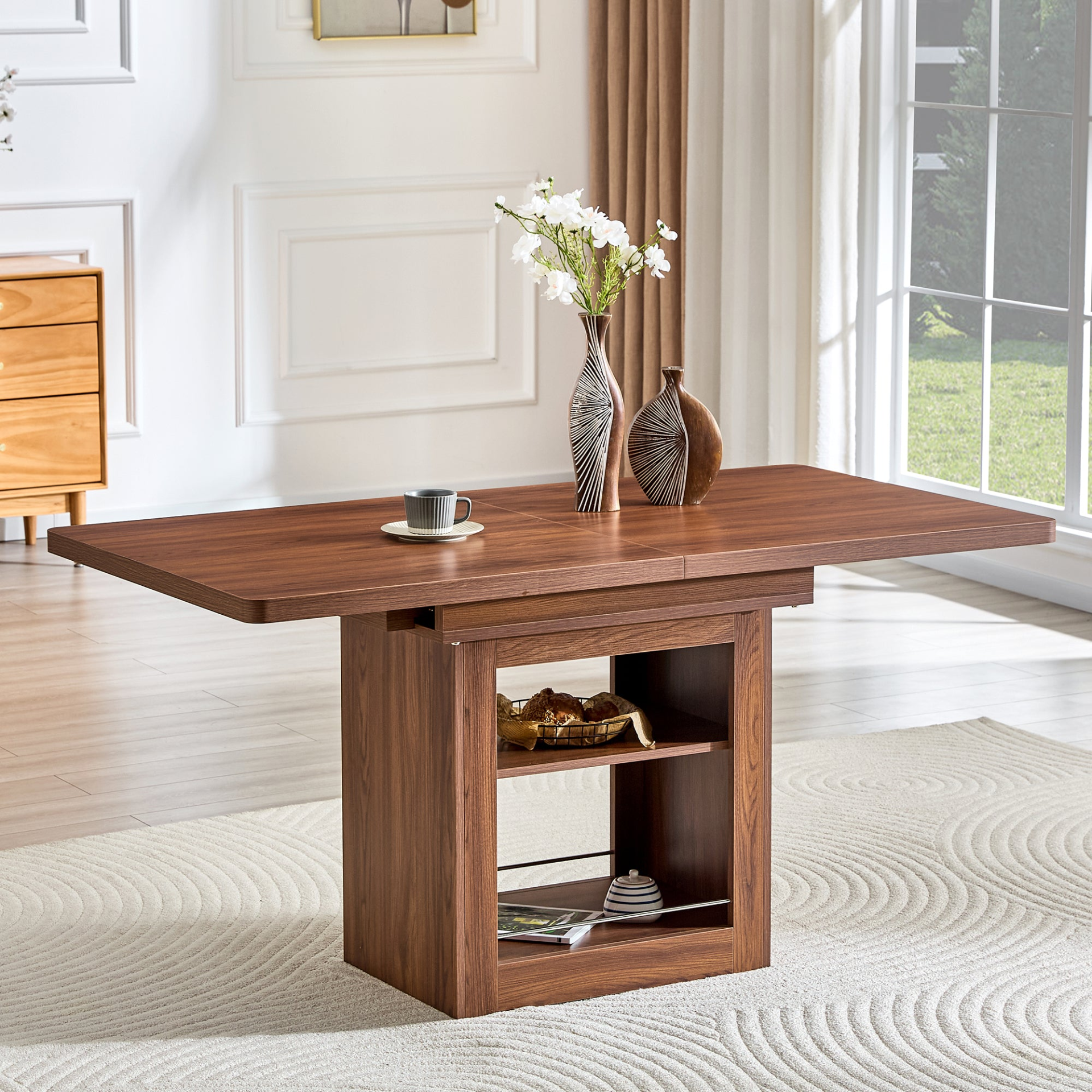 Start2Finish rectangular MDF walnut dining table with storage and expandable surface for kitchen, dining room, or apartment dining.