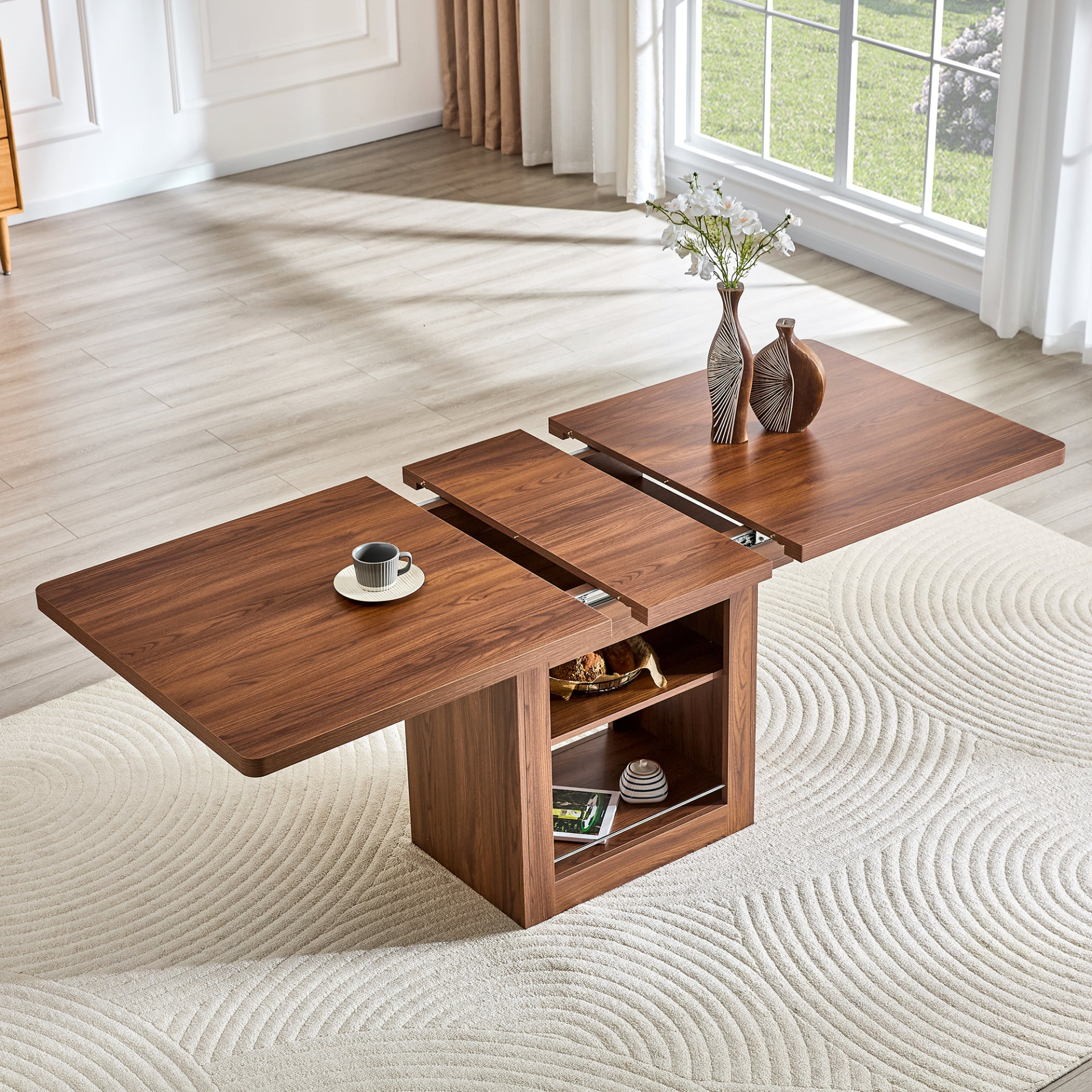 Rectangular MDF walnut dining table with storage, expandable design, ideal for dining rooms, kitchens, and apartments from Start2Finish.