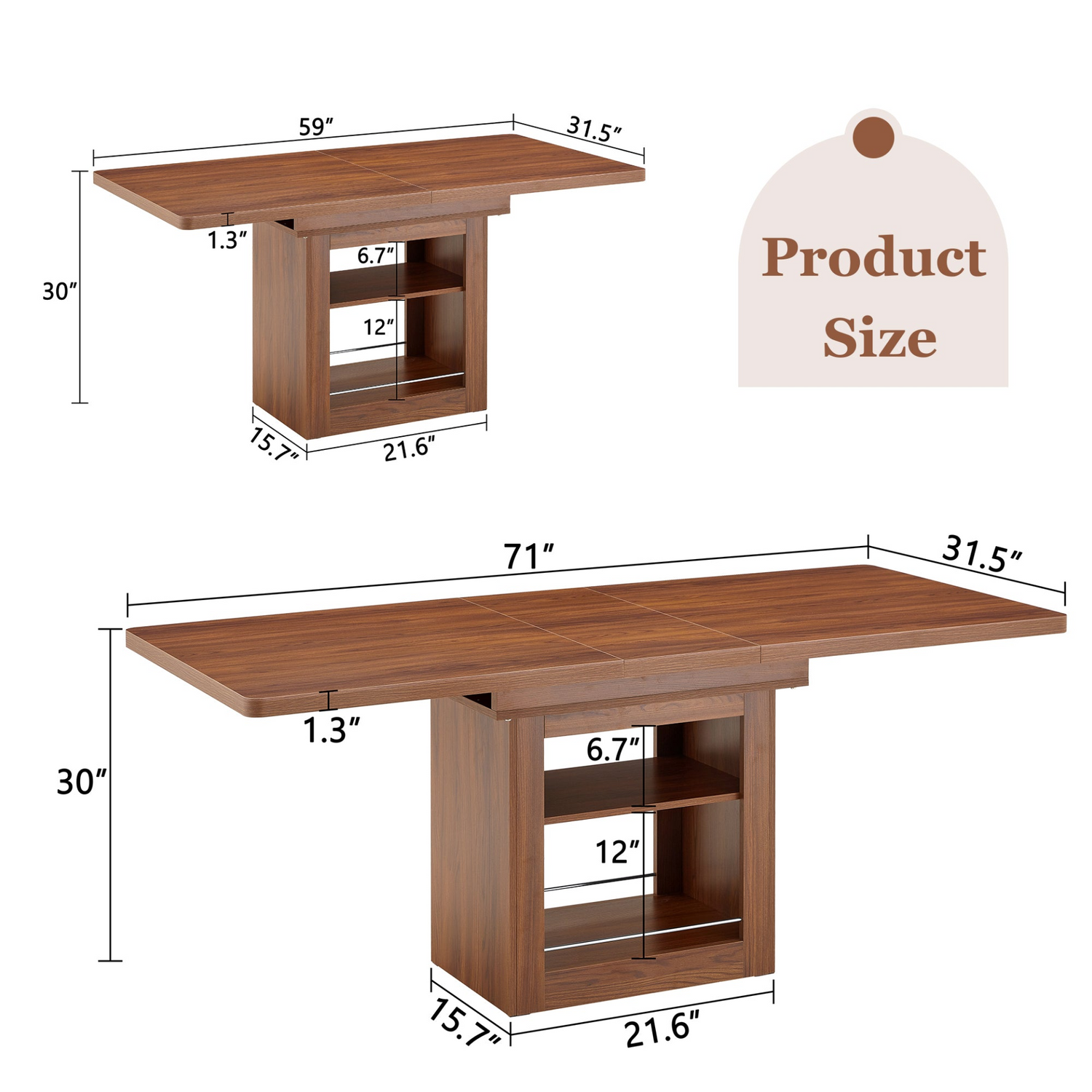 Rectangular MDF walnut dining table with storage, expandable for kitchen or apartment dining rooms, by Start2Finish.
