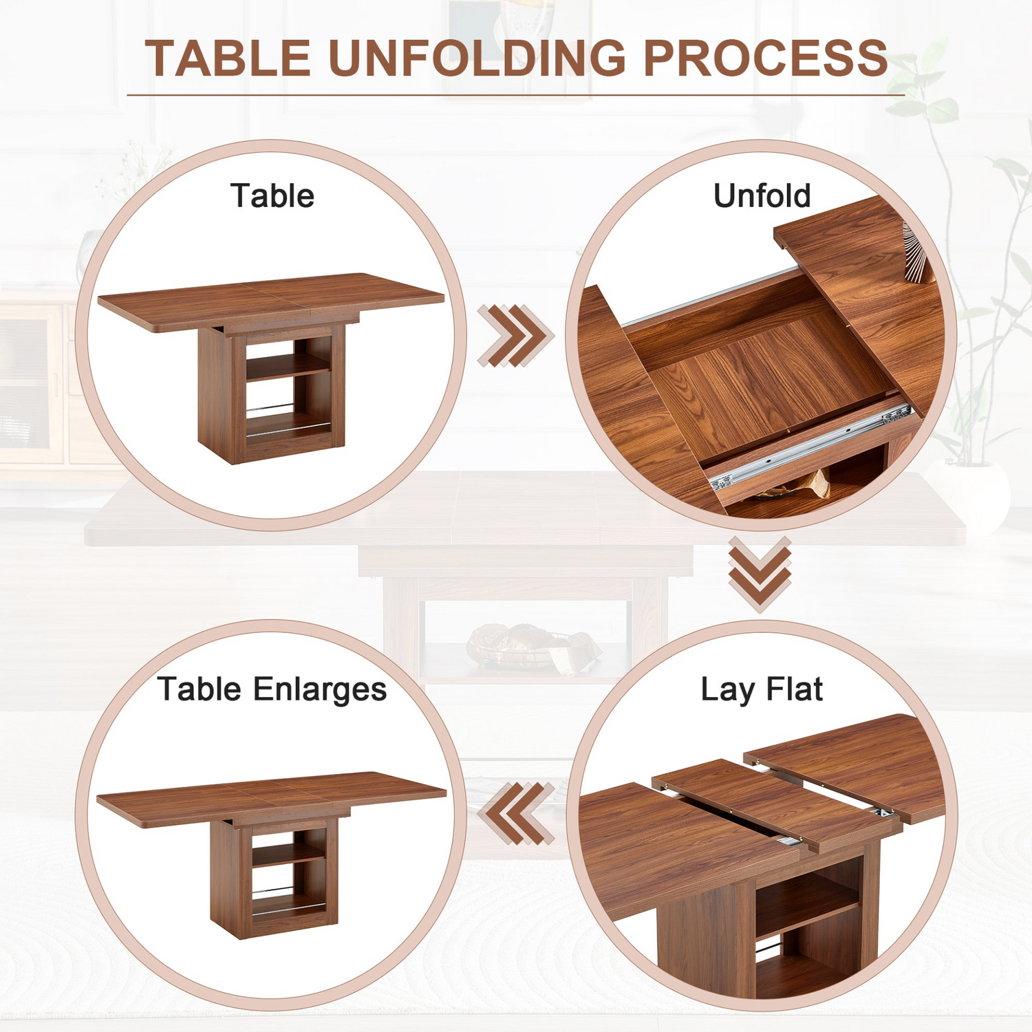 Rectangular MDF walnut dining table with storage and extension leaves, ideal for kitchen, dining room, or apartment dining spaces.