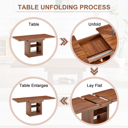 Rectangular MDF walnut dining table with storage and extension leaves, ideal for kitchen, dining room, or apartment dining spaces.