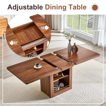 Rectangular MDF walnut dining table with storage and expandable design, ideal for kitchens, dining rooms, and apartments.