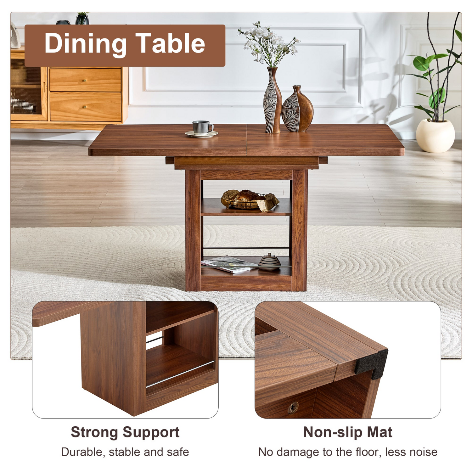 Rectangular MDF walnut dining table with built-in storage, expandable design, ideal for kitchen, dining room, or apartment setting.