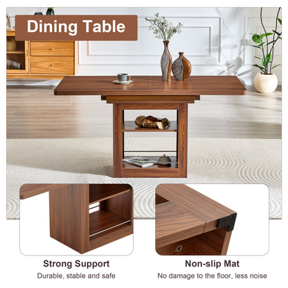 Rectangular MDF walnut dining table with built-in storage, expandable design, ideal for kitchen, dining room, or apartment setting.
