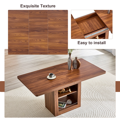 Rectangular MDF walnut dining table with storage and expandable leaves, ideal for kitchen, dining room, or apartment dining.