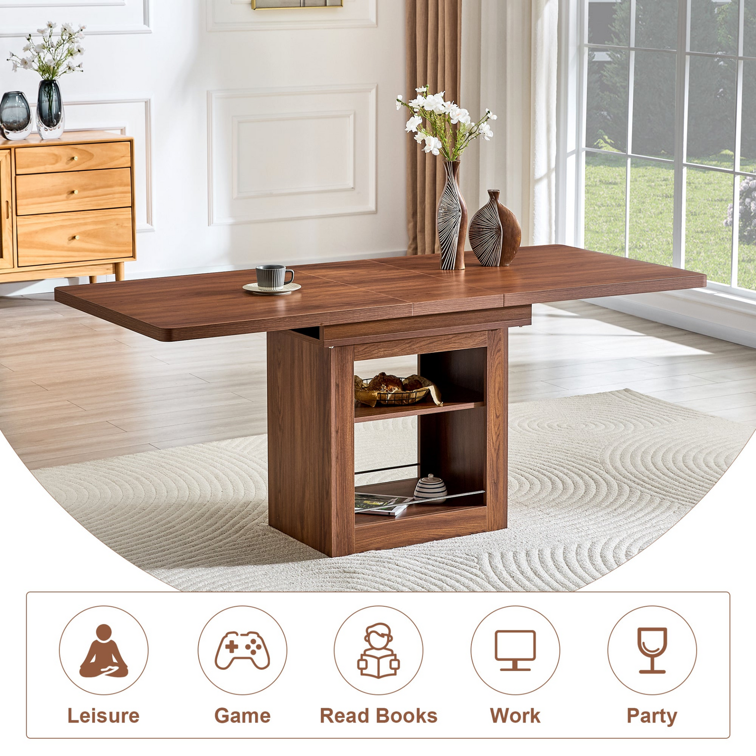 Rectangular MDF walnut dining table with storage and expandable design, ideal for kitchen, dining room, or apartment dining.