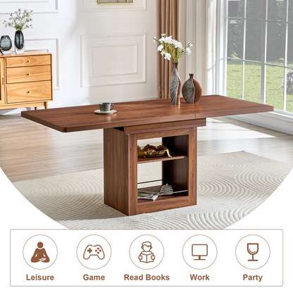Rectangular MDF walnut dining table with storage and expandable design, ideal for kitchen, dining room, or apartment dining.