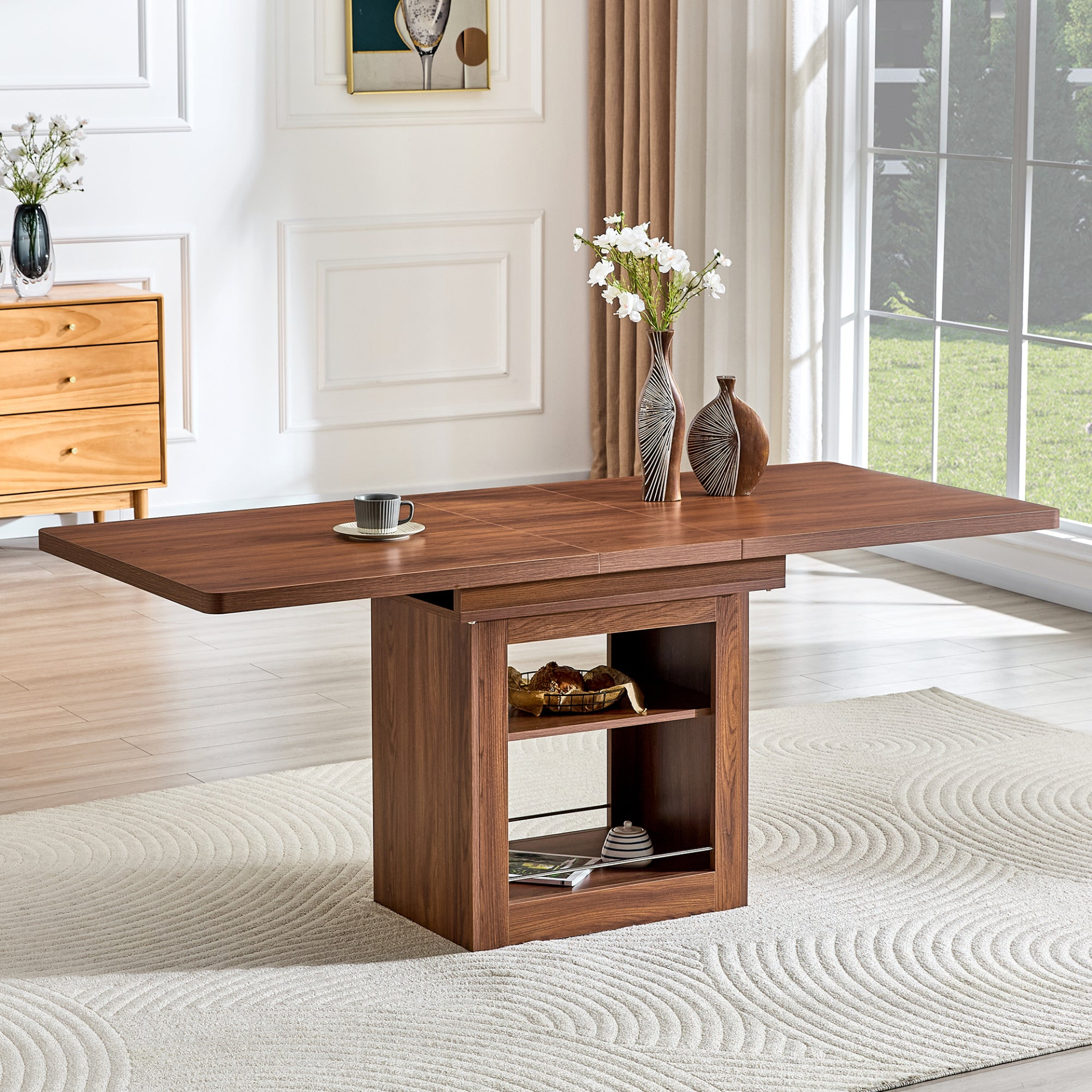 Start2Finish rectangular MDF walnut dining table with storage, expandable for kitchen, dining room, or apartment dining spaces.