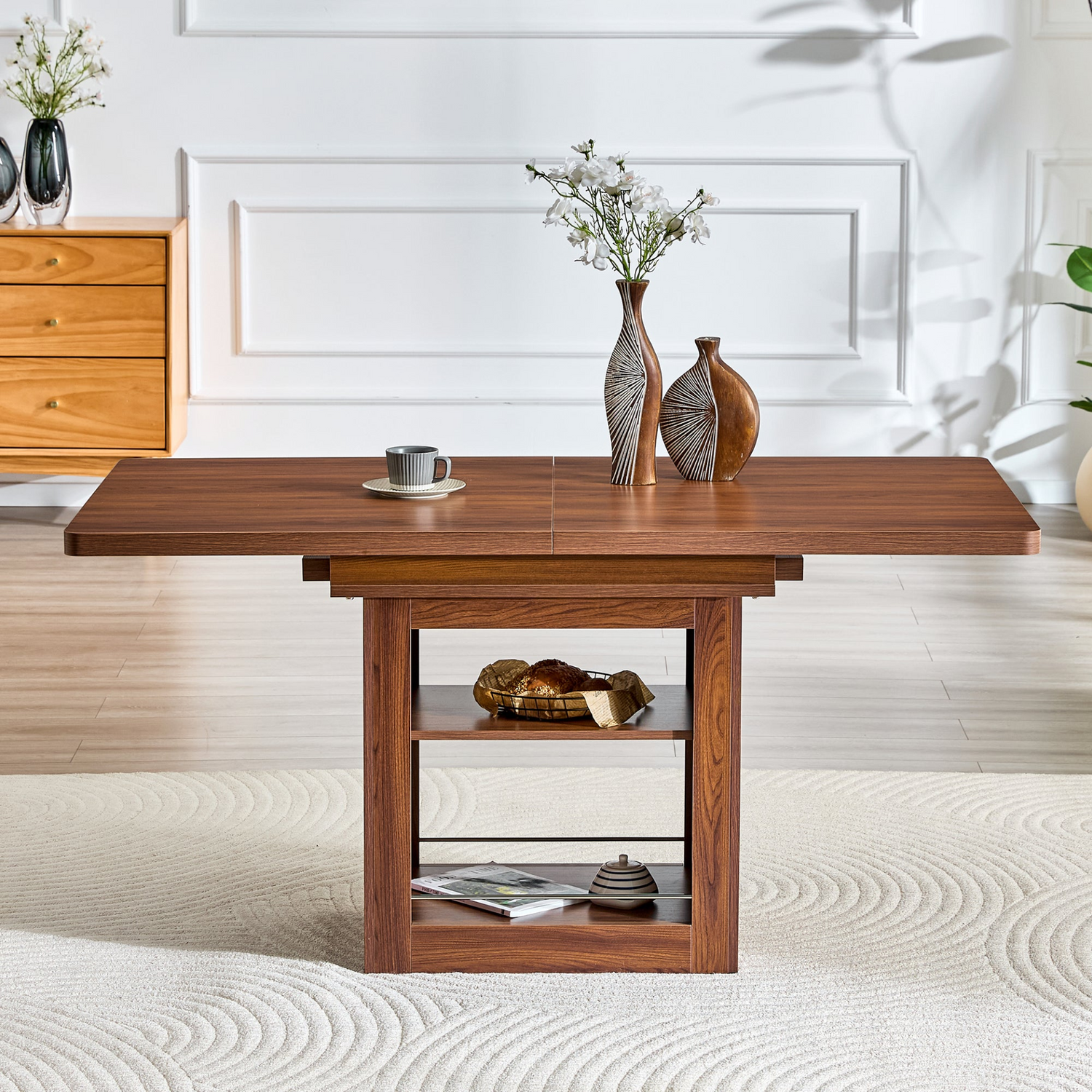 Rectangular MDF walnut dining table with storage and expandable design for kitchen, dining room, or apartment dining areas.