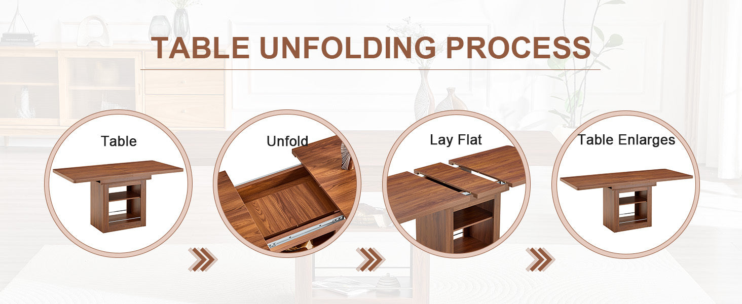 Rectangular MDF walnut dining table with storage, expandable for kitchen, dining room, or apartment dining spaces.