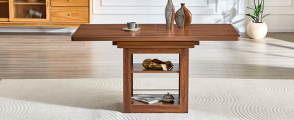 Rectangular MDF walnut dining table with expandable surface and built-in storage, ideal for kitchens, dining rooms, or apartments.