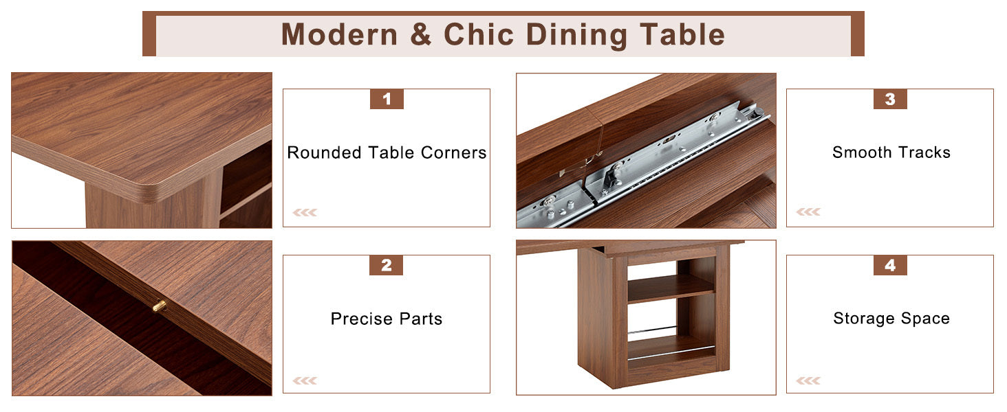 Rectangular MDF walnut dining table with storage and expandable design, ideal for dining rooms, kitchens, and apartments.