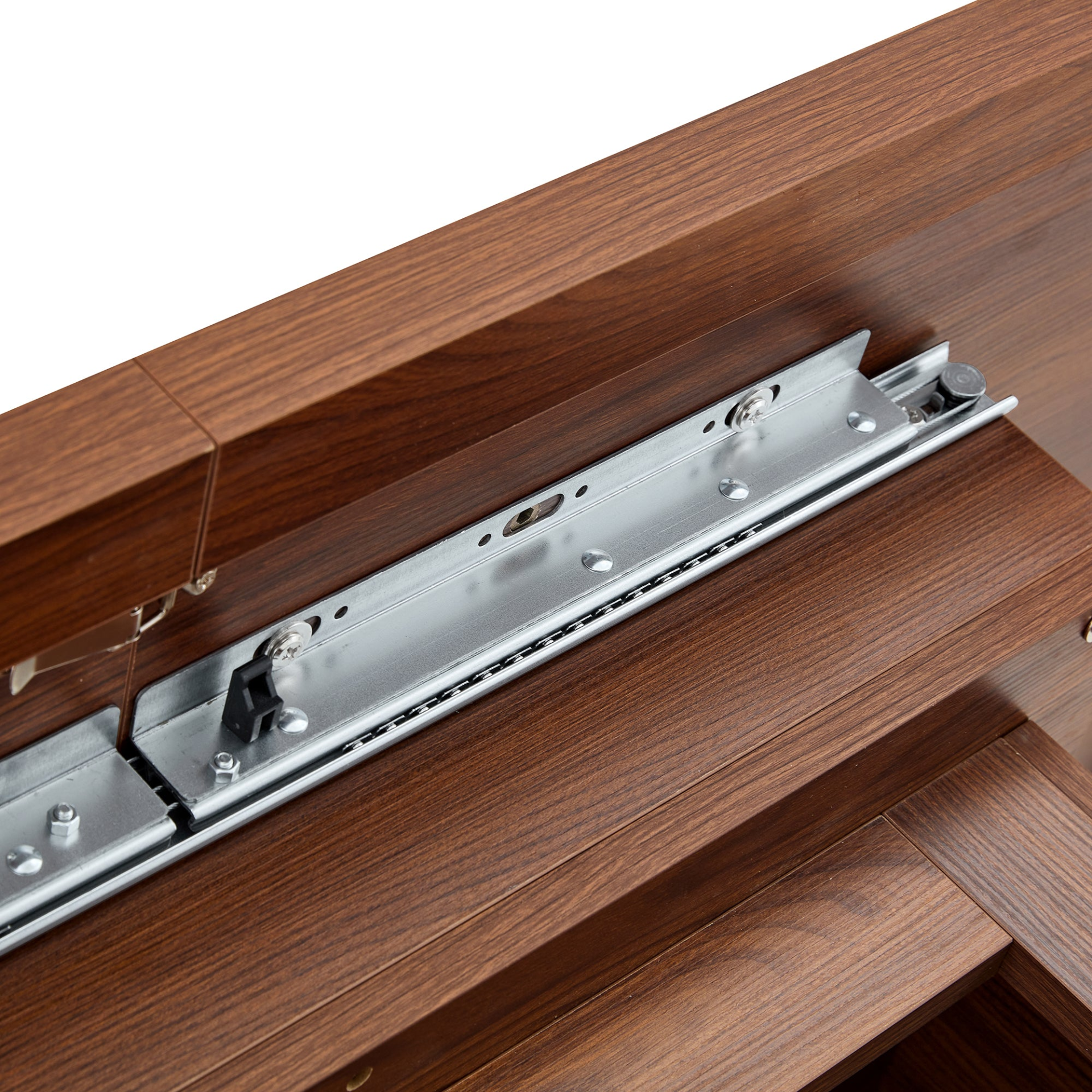 Start2Finish rectangular MDF walnut dining table with storage, expandable for kitchen, dining room, or apartment dining spaces.
