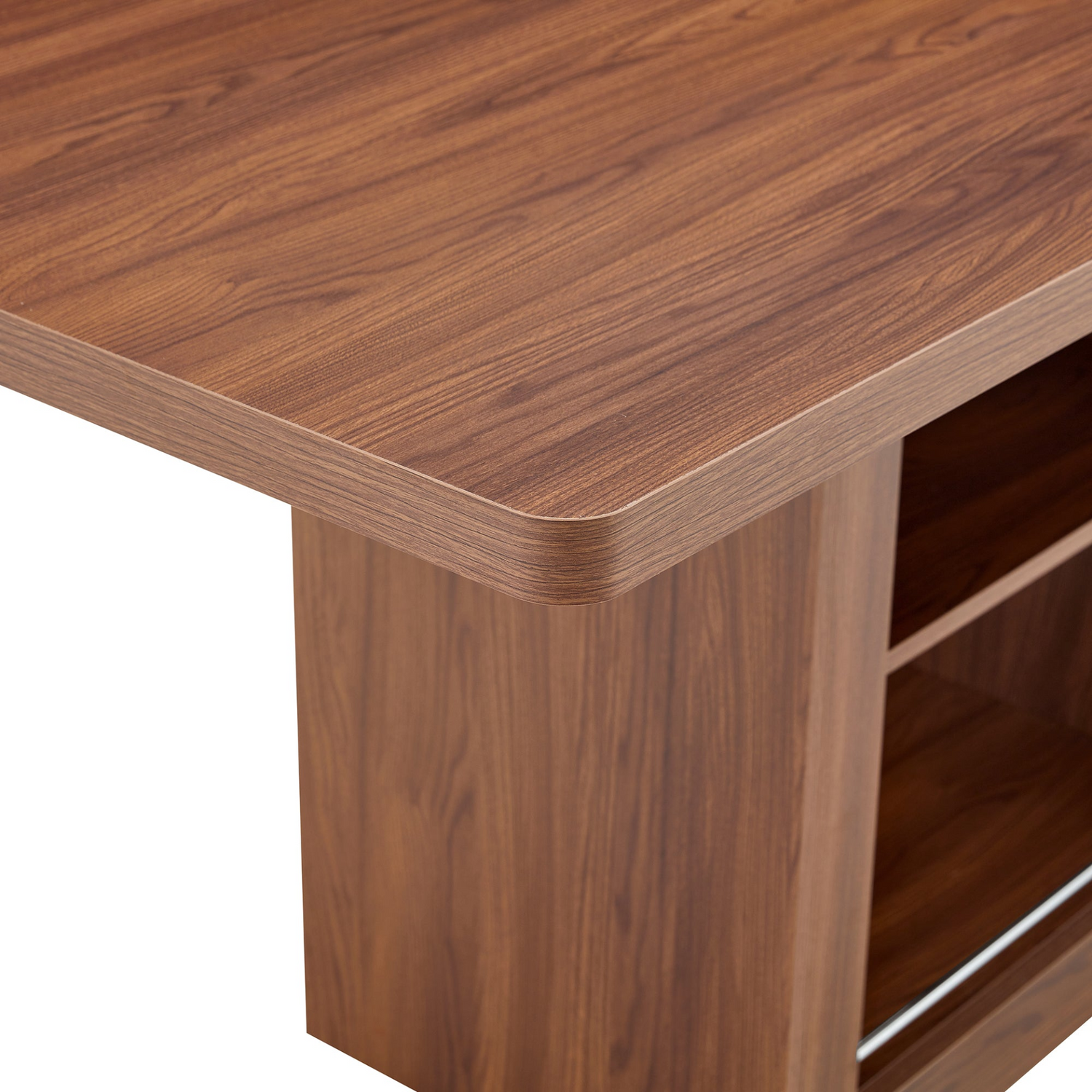 Rectangular MDF walnut dining table with storage and expandable leaves, ideal for dining rooms, kitchens, and apartments.