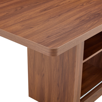 Rectangular MDF walnut dining table with storage and expandable leaves, ideal for dining rooms, kitchens, and apartments.
