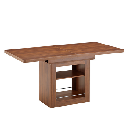Rectangular MDF walnut dining table with storage and extension feature, ideal for dining rooms, kitchens, and apartments.