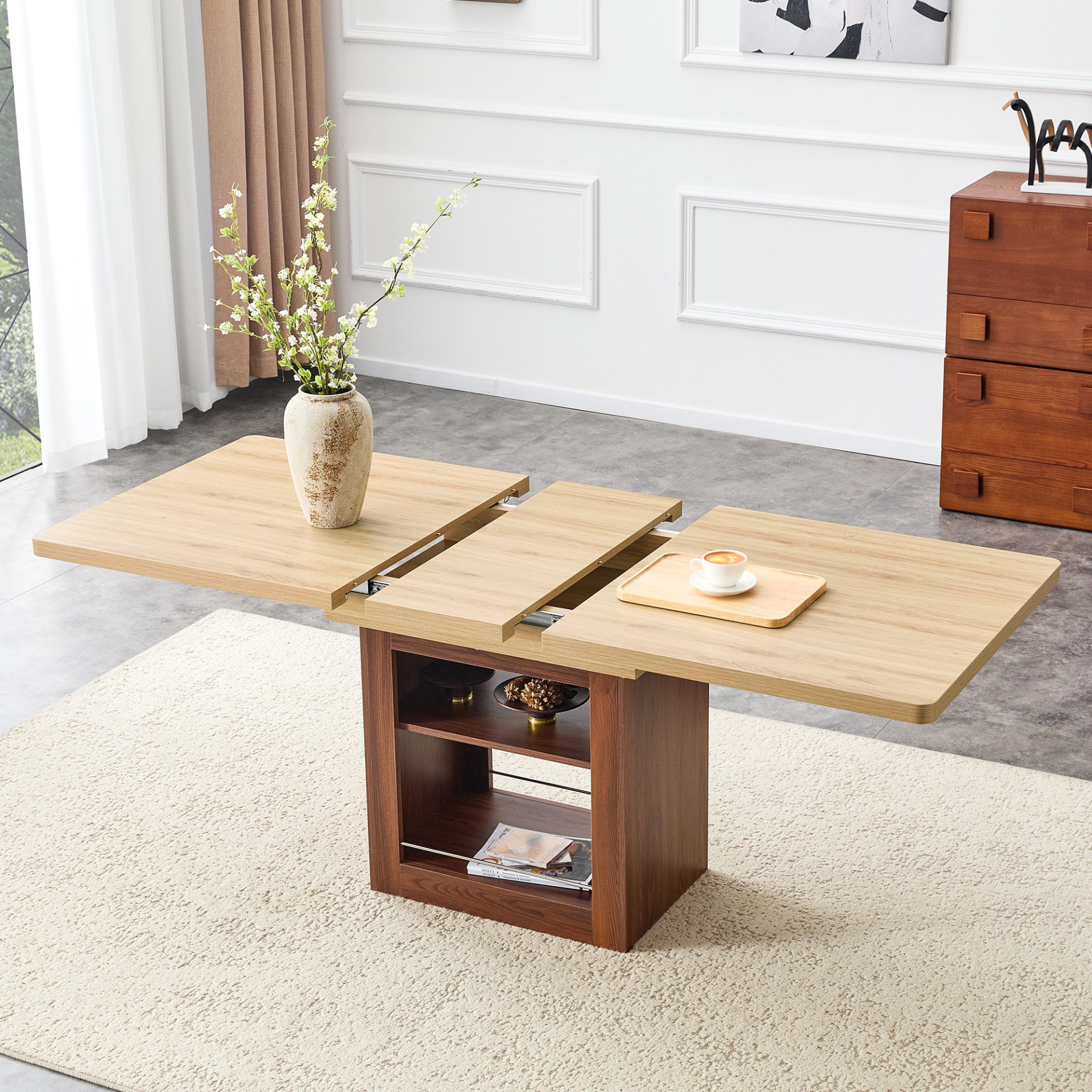 Rectangular MDF walnut dining table with storage and extension leaves, ideal for dining rooms, kitchens, and apartments.