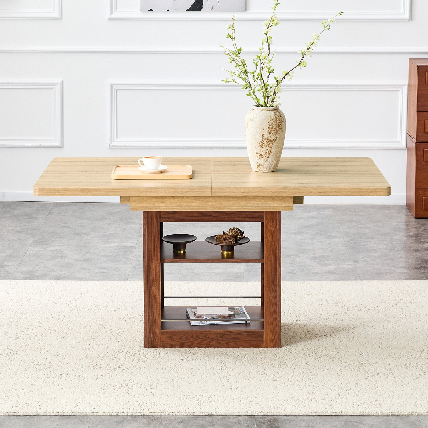 Start2Finish rectangular MDF walnut dining table with storage and expandable leaves for kitchen, dining room, or apartment.