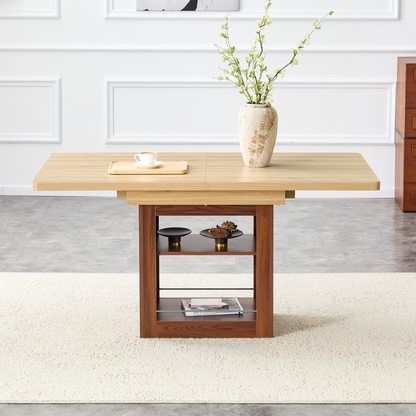 Start2Finish rectangular MDF walnut dining table with storage and expandable leaves for kitchen, dining room, or apartment.