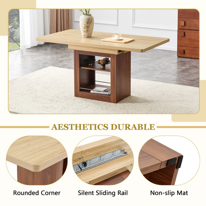 Rectangular MDF walnut dining table with storage and expandable design, ideal for dining rooms, kitchens, and apartments.