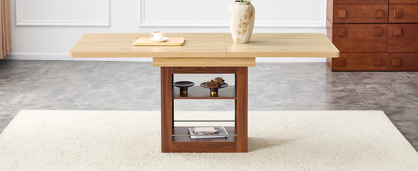 Start2Finish rectangular MDF walnut dining table with storage, expandable for kitchen, dining room, or apartment dining areas.