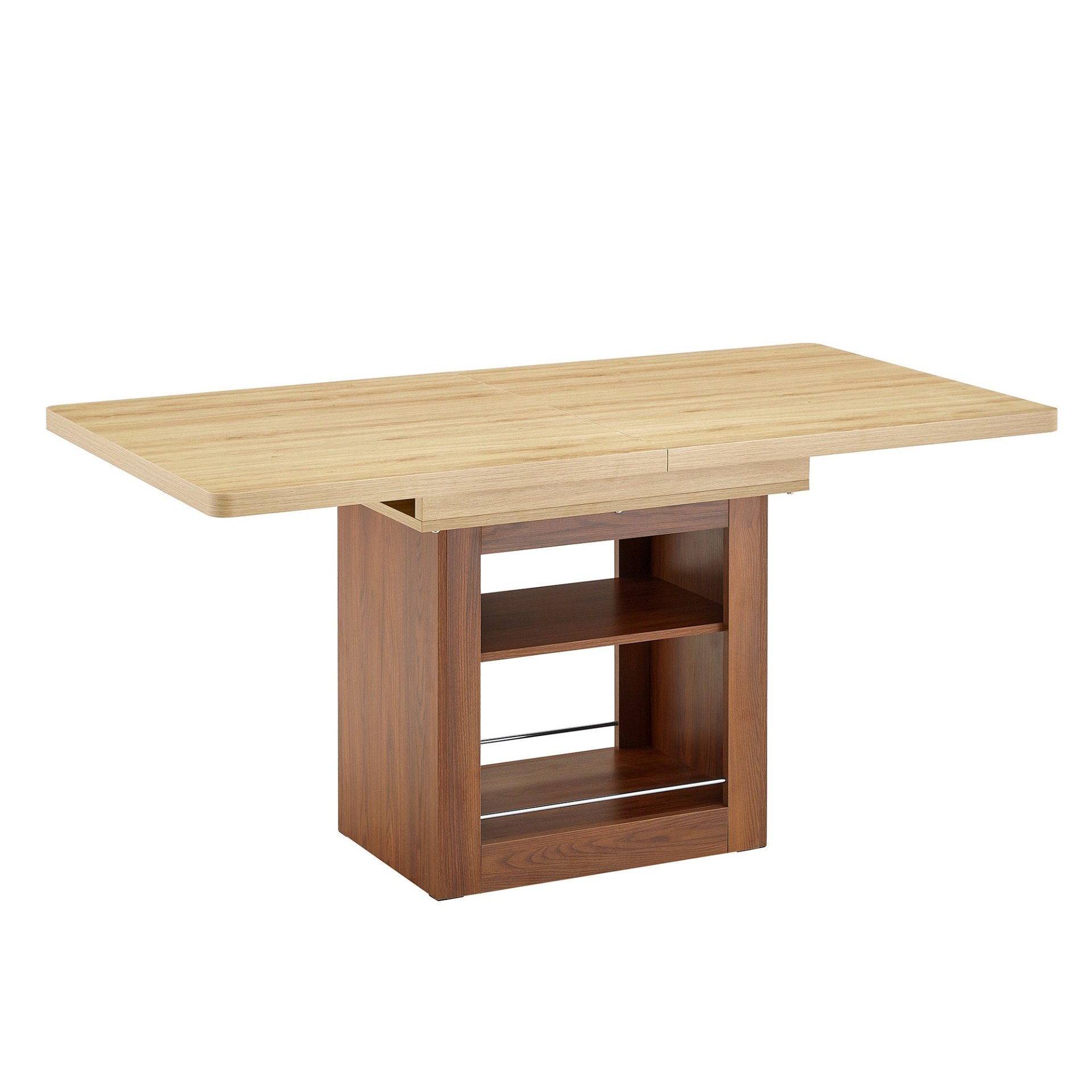 Rectangular MDF walnut dining table with expandable design and storage, ideal for kitchen, dining room, or apartment dining spaces.