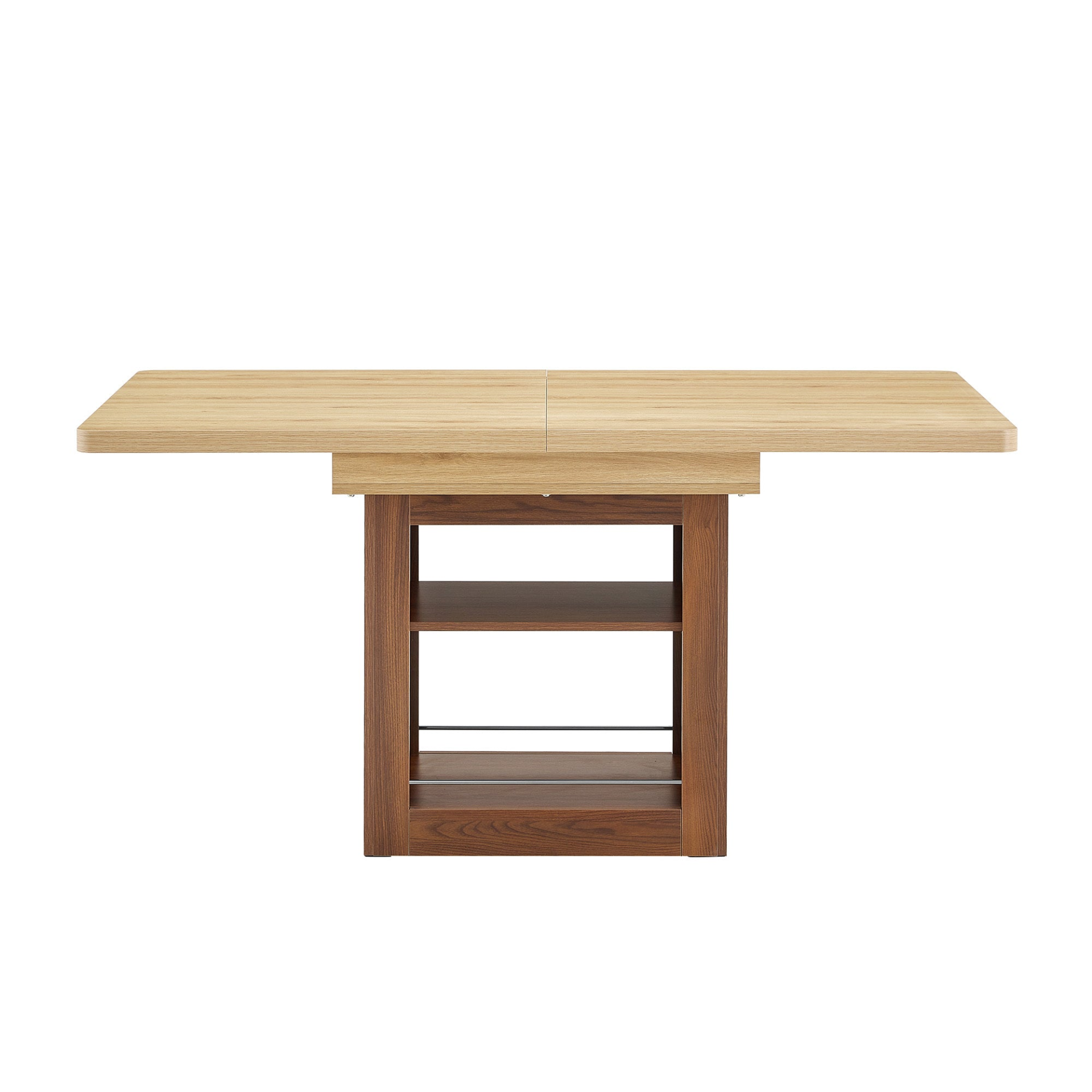 Rectangular MDF walnut dining table with storage and extension leaves, ideal for kitchen, dining room, or apartment dining areas.