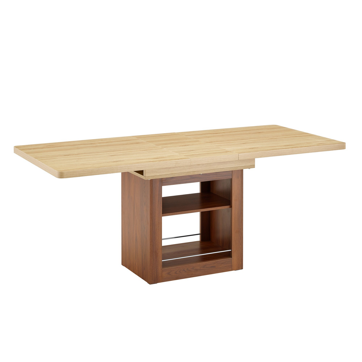 Rectangular MDF walnut dining table with storage and expandable design for kitchen, dining room, or apartment use.