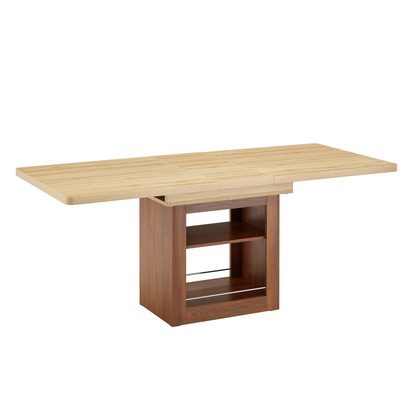 Rectangular MDF walnut dining table with storage and expandable design for kitchen, dining room, or apartment use.