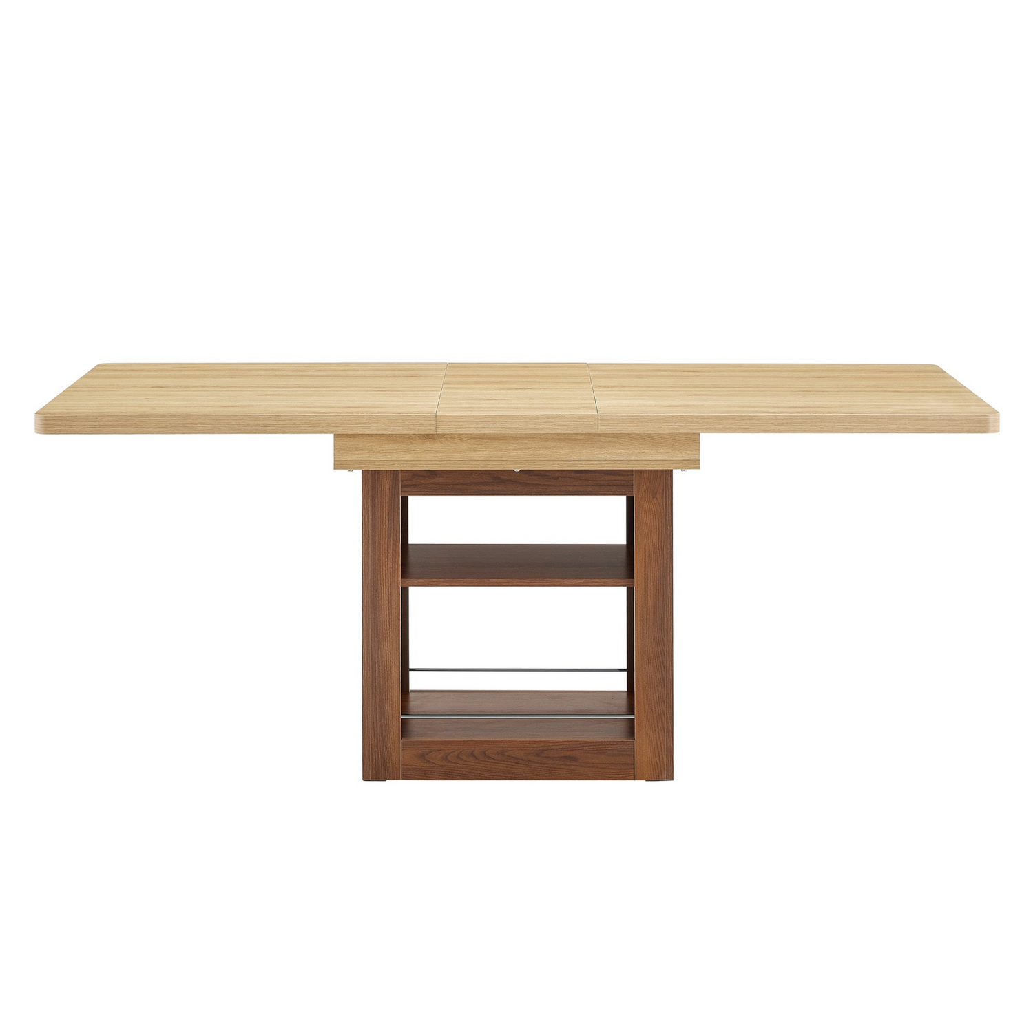 Rectangular MDF walnut dining table with storage, expandable for dining room, kitchen, or apartment dining spaces.