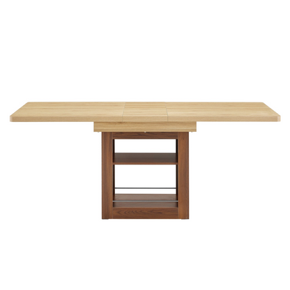 Rectangular MDF walnut dining table with storage, expandable for dining room, kitchen, or apartment dining spaces.