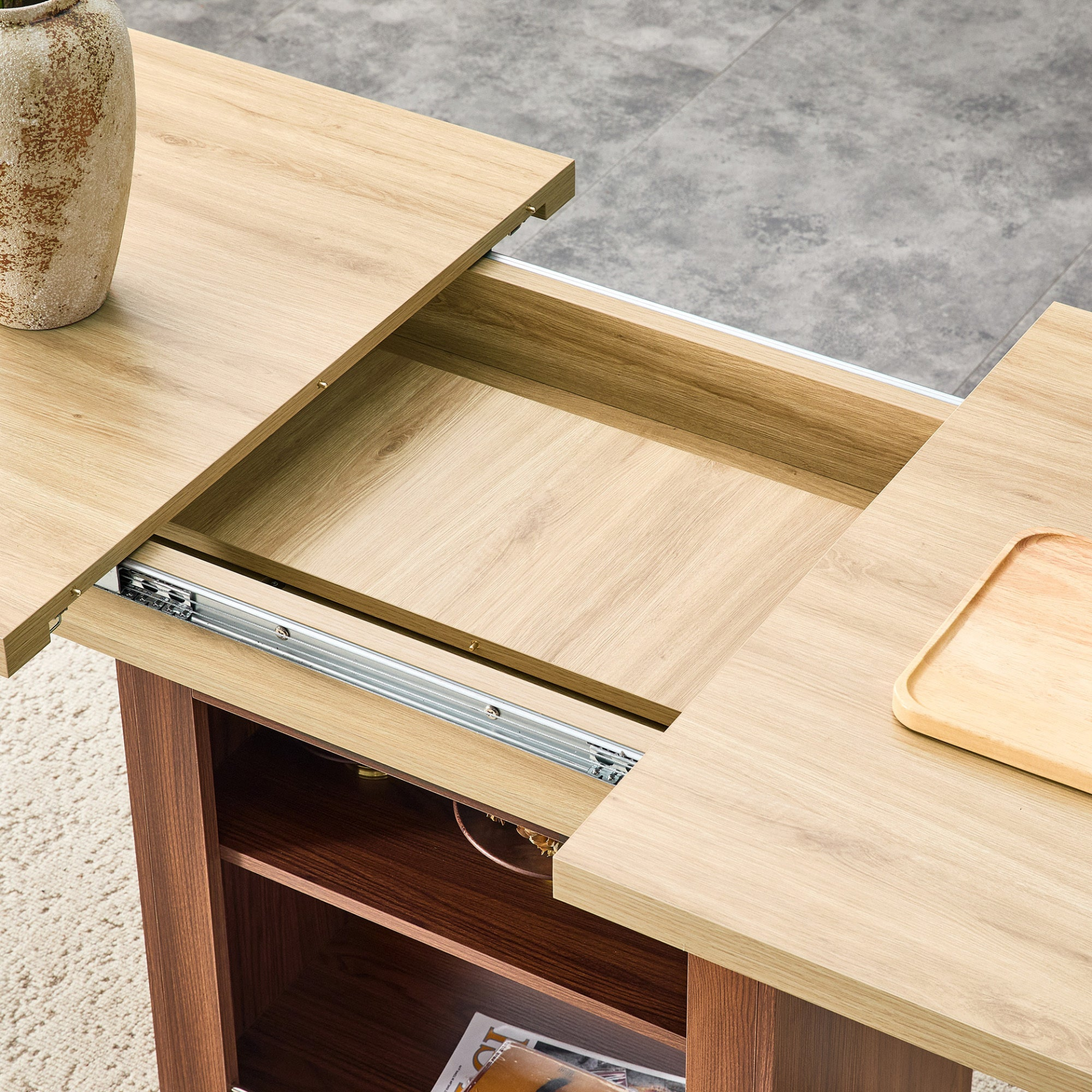 Start2Finish rectangular MDF walnut dining table with storage, expandable for kitchen, dining room, and apartment dining spaces.