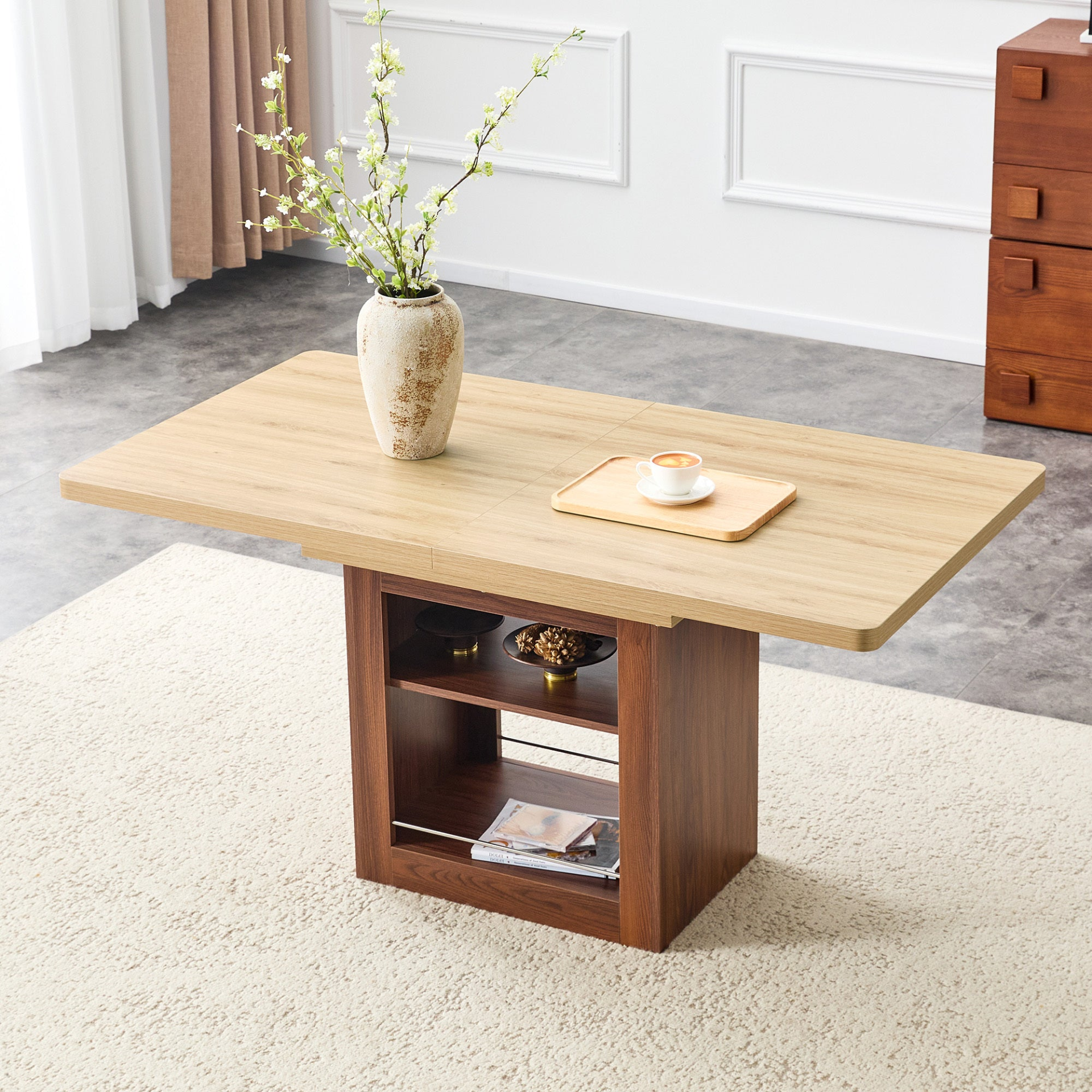 Rectangular MDF walnut dining table with storage, expandable for dining room, kitchen, or apartment dining spaces.