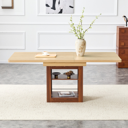 Rectangular MDF walnut dining table with storage and extendable leaves, ideal for kitchen, dining room, or apartment dining spaces.