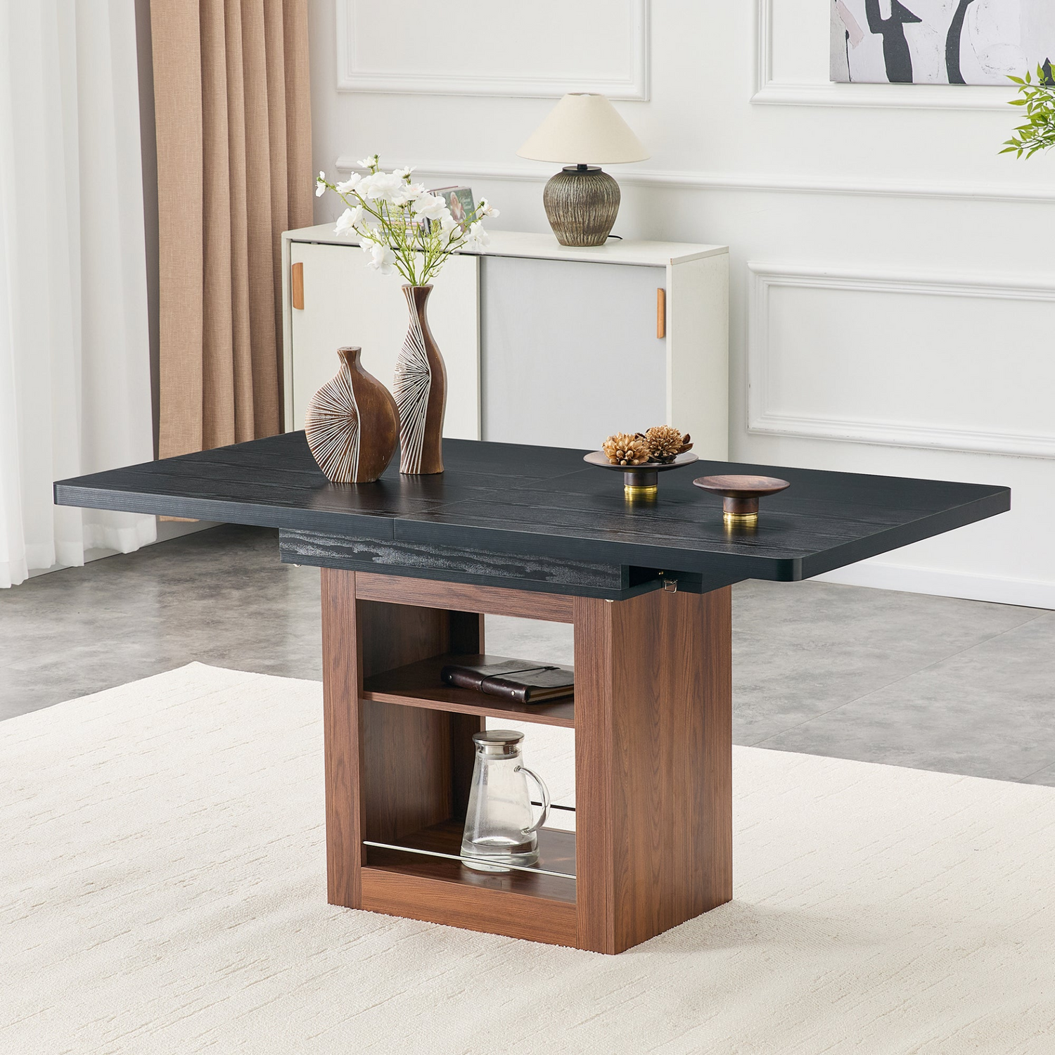 Start2Finish rectangular MDF walnut dining table with expandable design, featuring storage for kitchen, dining room, or apartment use.