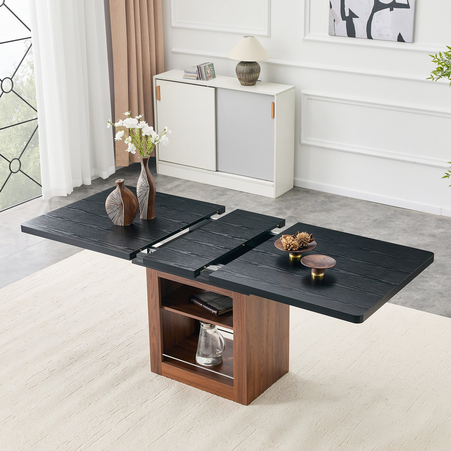 Rectangular MDF walnut dining table from Start2Finish with storage and expandable design for kitchen or dining room use.