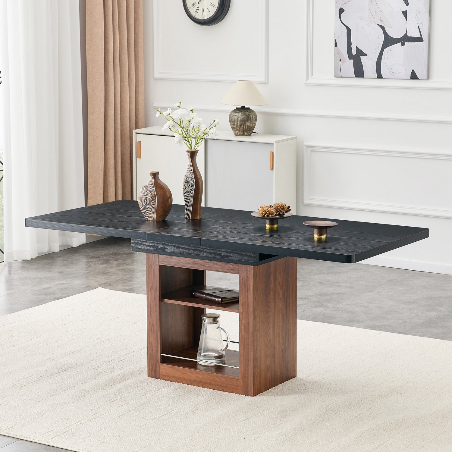 Start2Finish rectangular MDF walnut dining table with storage, expandable for kitchen, dining room, or apartment dining spaces.